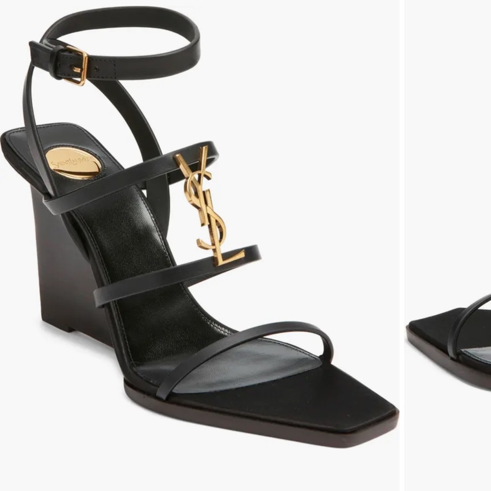 Yves Saint Laurent Black and Gold Heeled Sandals nicla wedge